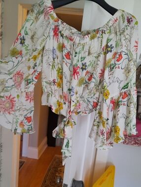 NWT Parker SILK White Floral Tie-Front Off-on Shoulder Blouse